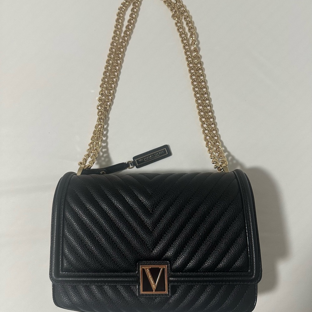 Victoria's Secret Black and Gold Shoulder Bag with Chain Strap